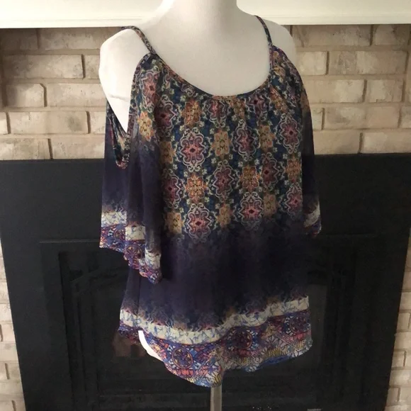 DayTrip Blue Cold Shoulder Chiffon Overlay Tank size XS - Picture 7 of 9